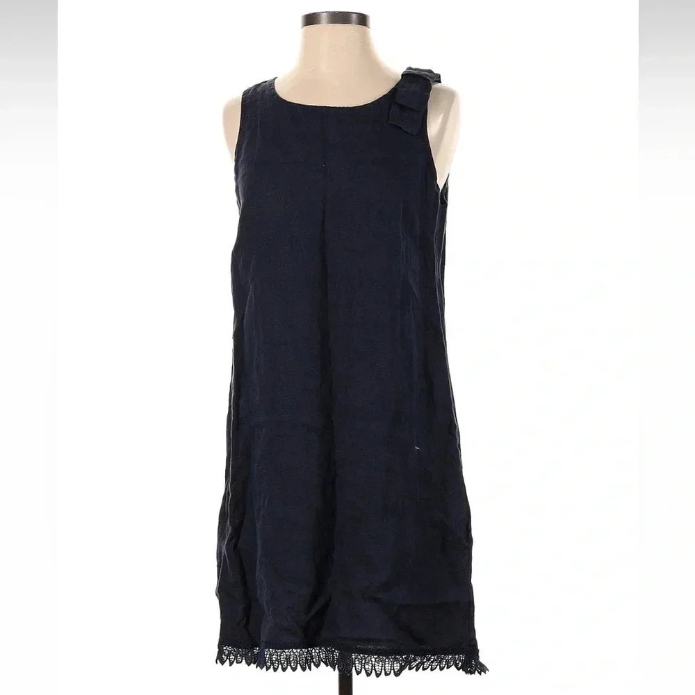 Bellambra Linen Shift Dress Navy Blue Lace Trim Sleeveless Lagenlook Size Small
